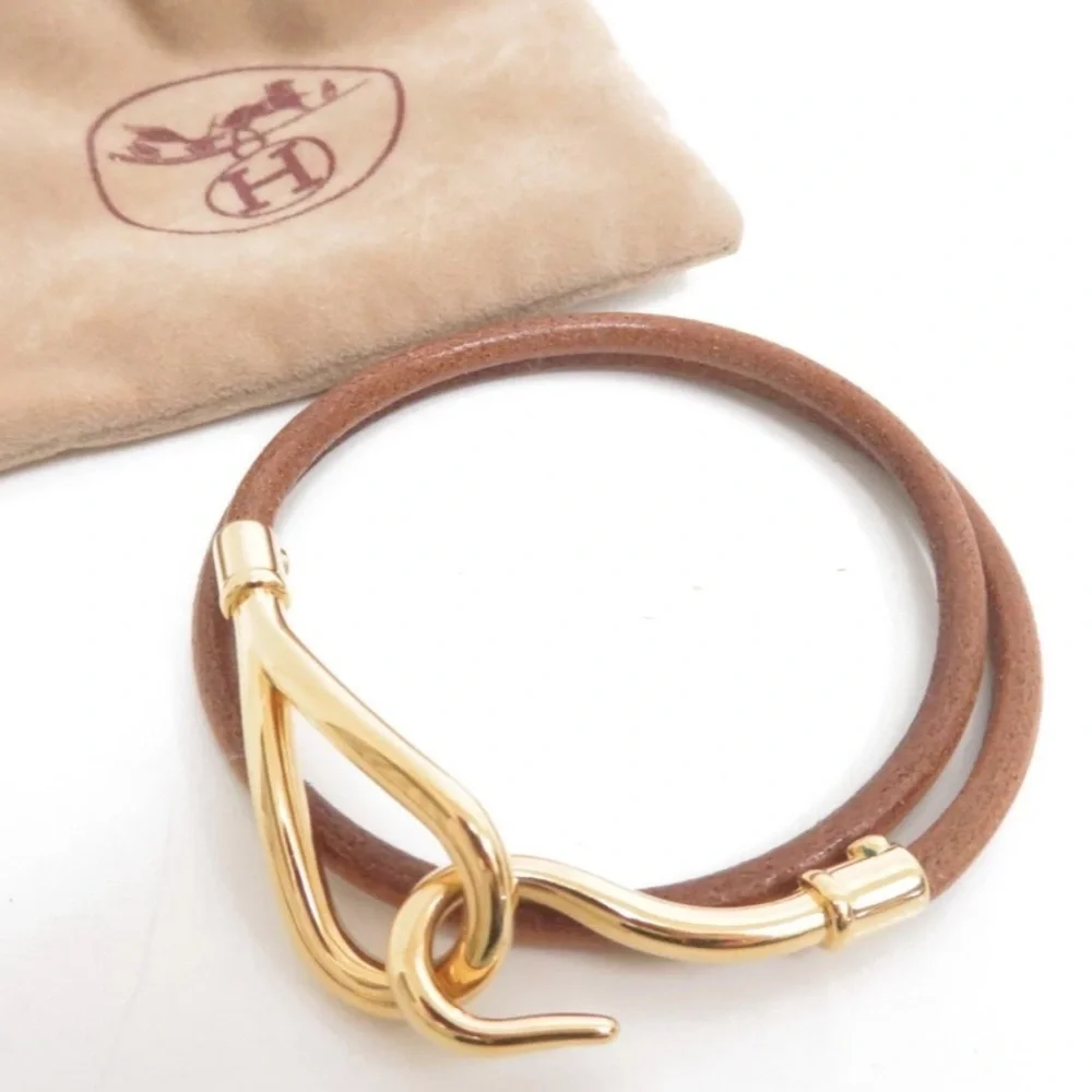 Hermes Gold-Tone Hook Brown Leather Double-Wrap Bracelet, VGUC, Quiet Lux